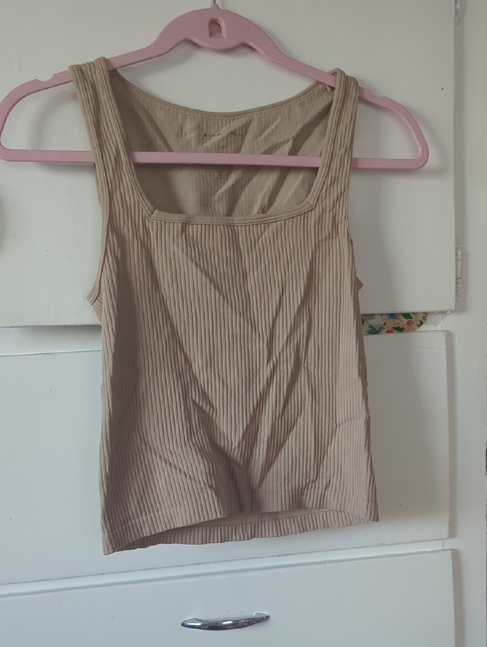 Pink Rose Ribbed Square-Neck Tank Top in Beige